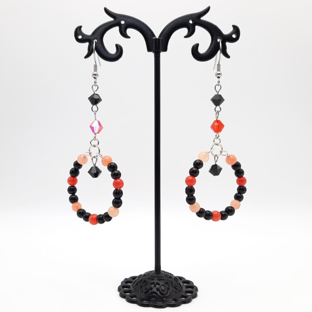 Orange Quartz Black Jasper Chakra Gemstone Circle Earrings Handmade Jewelry - Picture 4 of 6